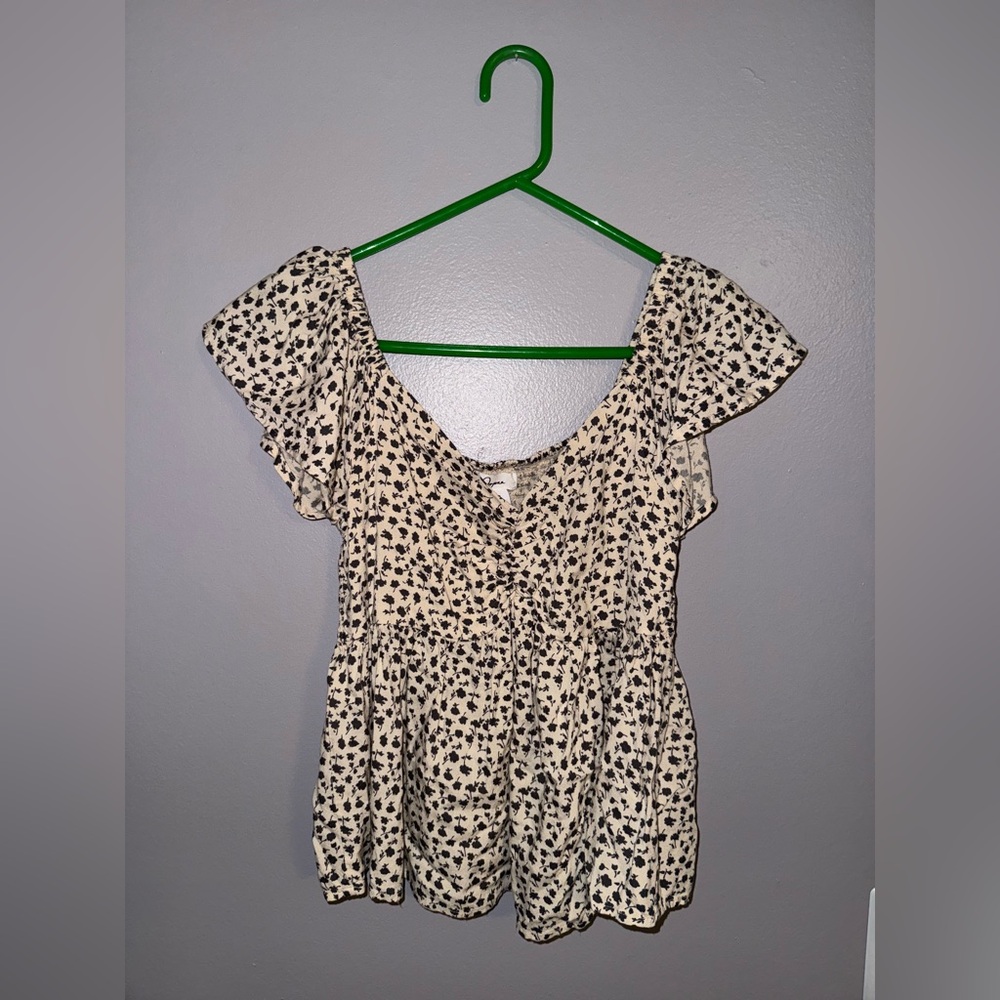 Japna Cream and Brown Ruffled Cap Sleeve Blouse